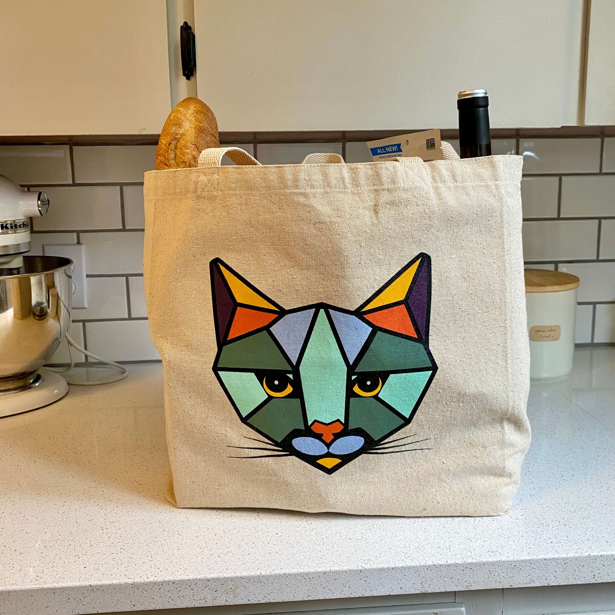 "ROAR Geometric Cat Art" - Canvas Eco-Tote Bag